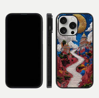 Heavenly Moon Path Glass Case for iPhone 16 Pro front and back view layout displaying night sky tones and curved glass edges