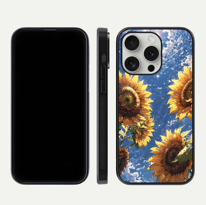 Heavenly Sunflower Rise Glass Case for iPhone 16 Pro front and back view layout highlighting golden floral tones and curved edges