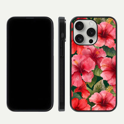 Hibiscus Pattern Glass Case for iPhone 16 Pro front and back view layout highlighting tropical design and curved glass edges