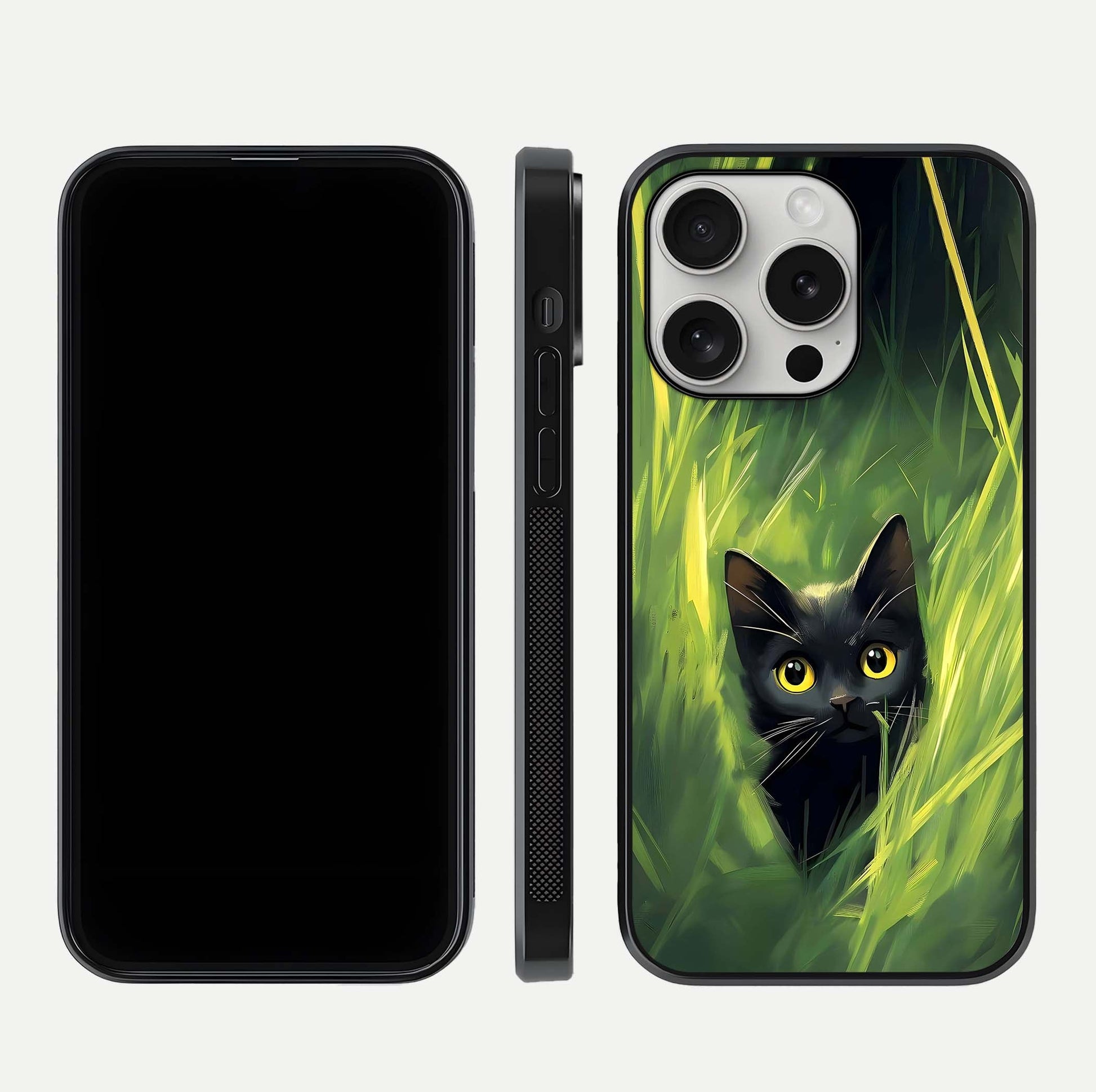 Hidden Cat Whisper Glass Case for iPhone 16 Pro front and back view layout highlighting minimalist art and curved edges