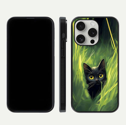 Hidden Cat Whisper Glass Case for iPhone 16 Pro front and back view layout highlighting minimalist art and curved edges