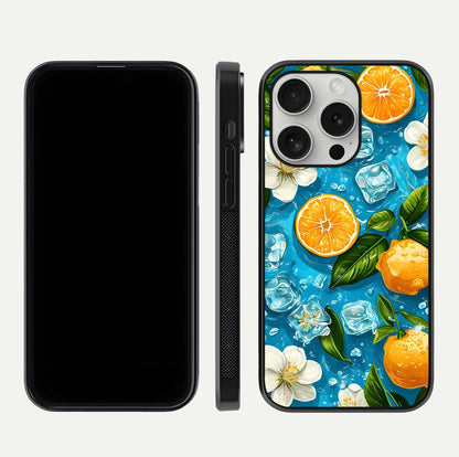 Ice Cube With Orange Glass Case for iPhone 16 Pro front and back view layout highlighting fresh orange tones and curved edges