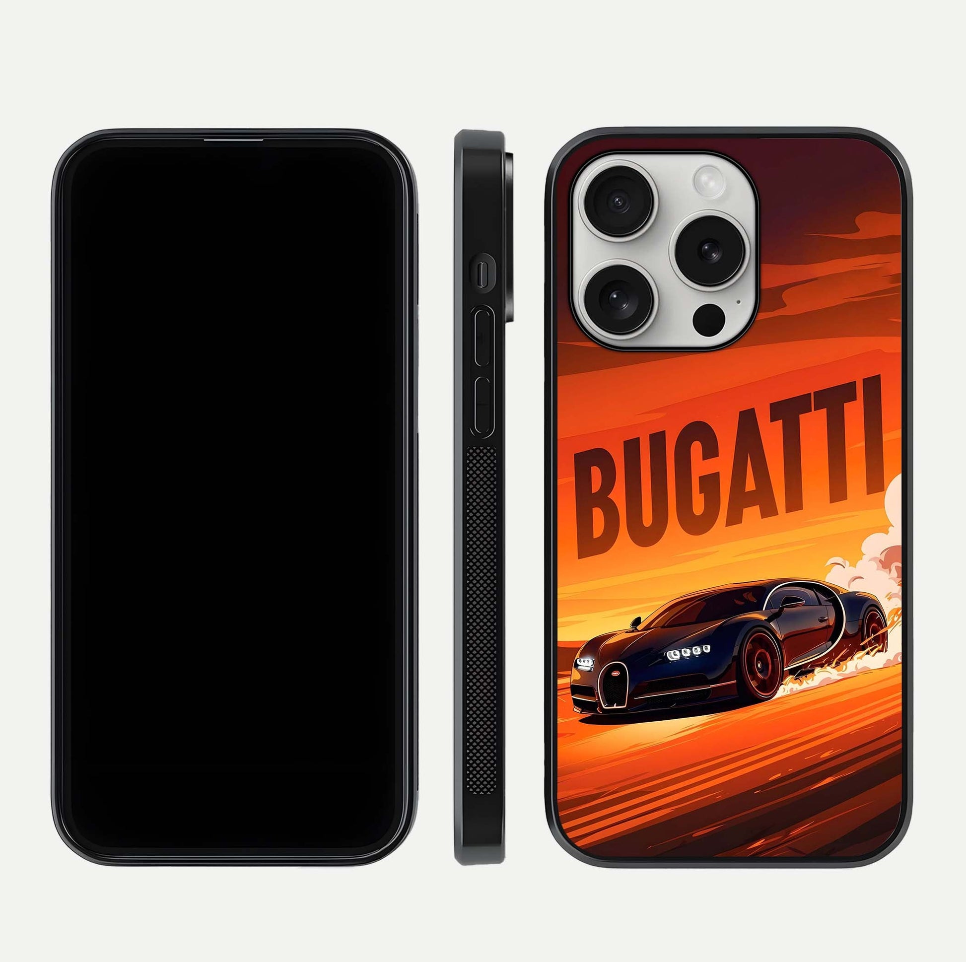 Inferno Bugatti Storm Glass Case for iPhone 16 Pro front and back view layout highlighting car silhouette and curved glass edge