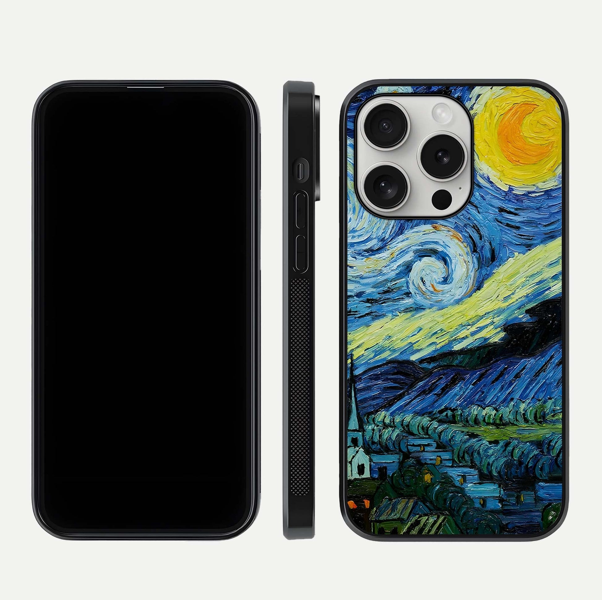 Inspired Van Gogh Art Glass Case for iPhone 16 Pro front and back view layout displaying vivid color tones and curved glass edges