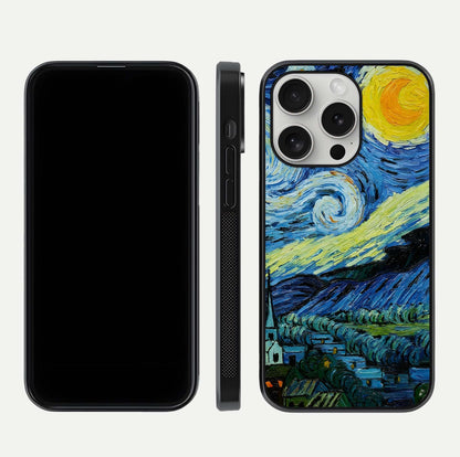 Inspired Van Gogh Art Glass Case for iPhone 16 Pro front and back view layout displaying vivid color tones and curved glass edges