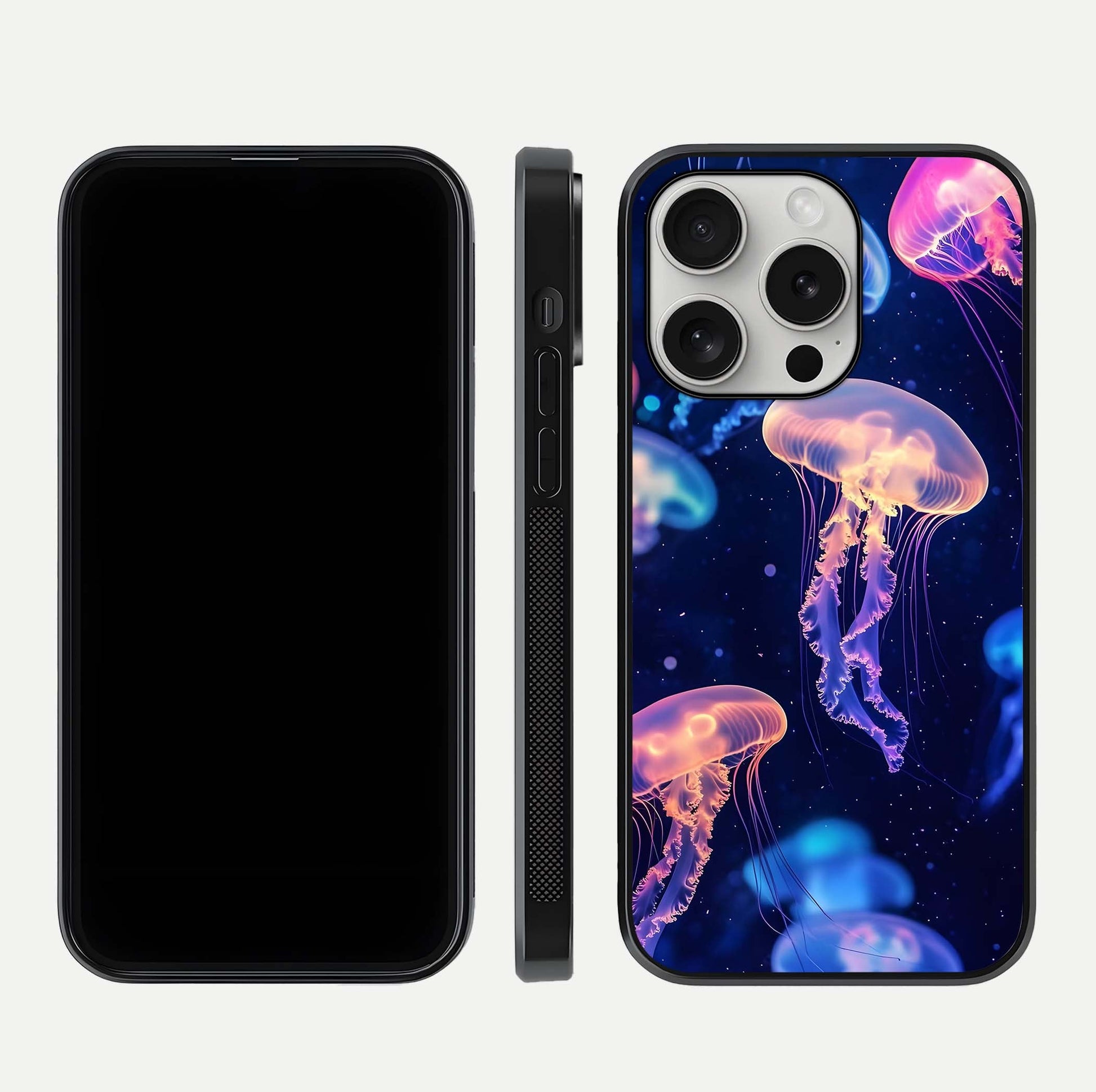Jellyfish Pattern Glass Case for iPhone 16 Pro front and back view layout highlighting aquatic tones and curved edges