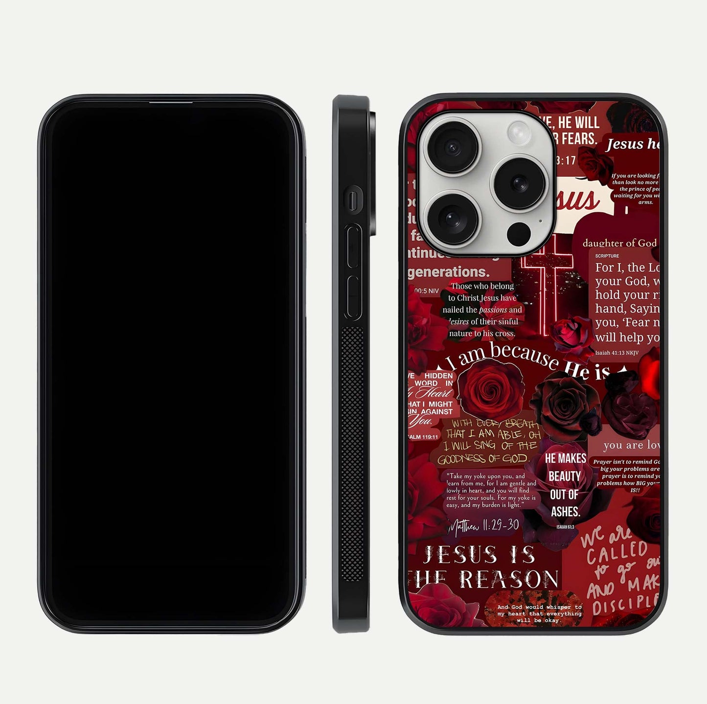 Jesus Love Heals Glass Case for iPhone 16 Pro front and back view layout with elegant typography and smooth edges