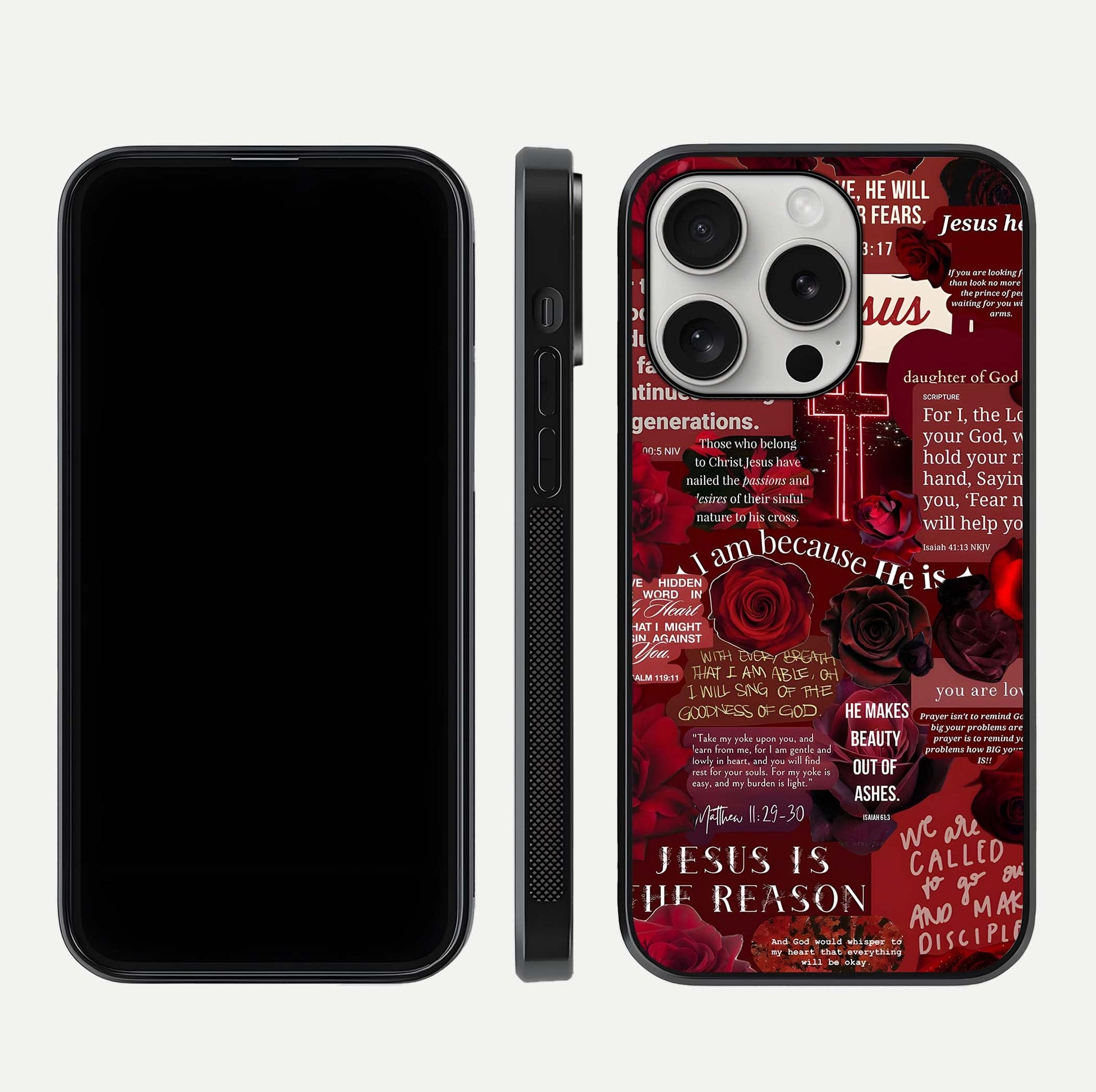 Jesus Love Heals Glass Case for iPhone 16 Pro front and back view layout with elegant typography and smooth edges