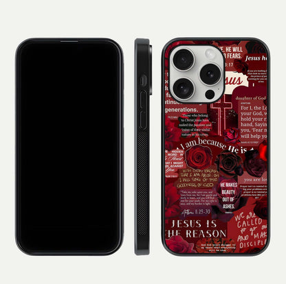 Jesus Love Heals Glass Case for iPhone 16 Pro front and back view layout with elegant typography and smooth edges