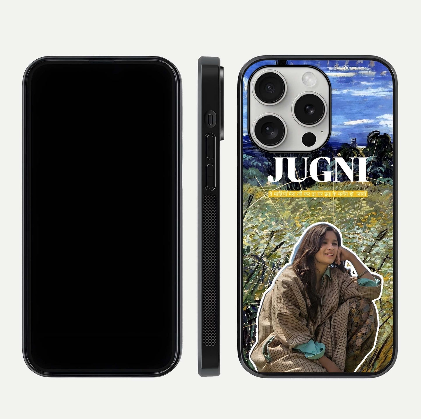 Jugni Soul Vibes Glass Case for iPhone 16 Pro front and back view layout highlighting desi art and curved glass edges