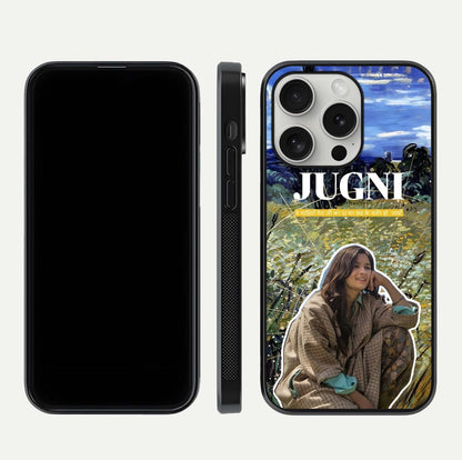 Jugni Soul Vibes Glass Case for iPhone 16 Pro front and back view layout highlighting desi art and curved glass edges