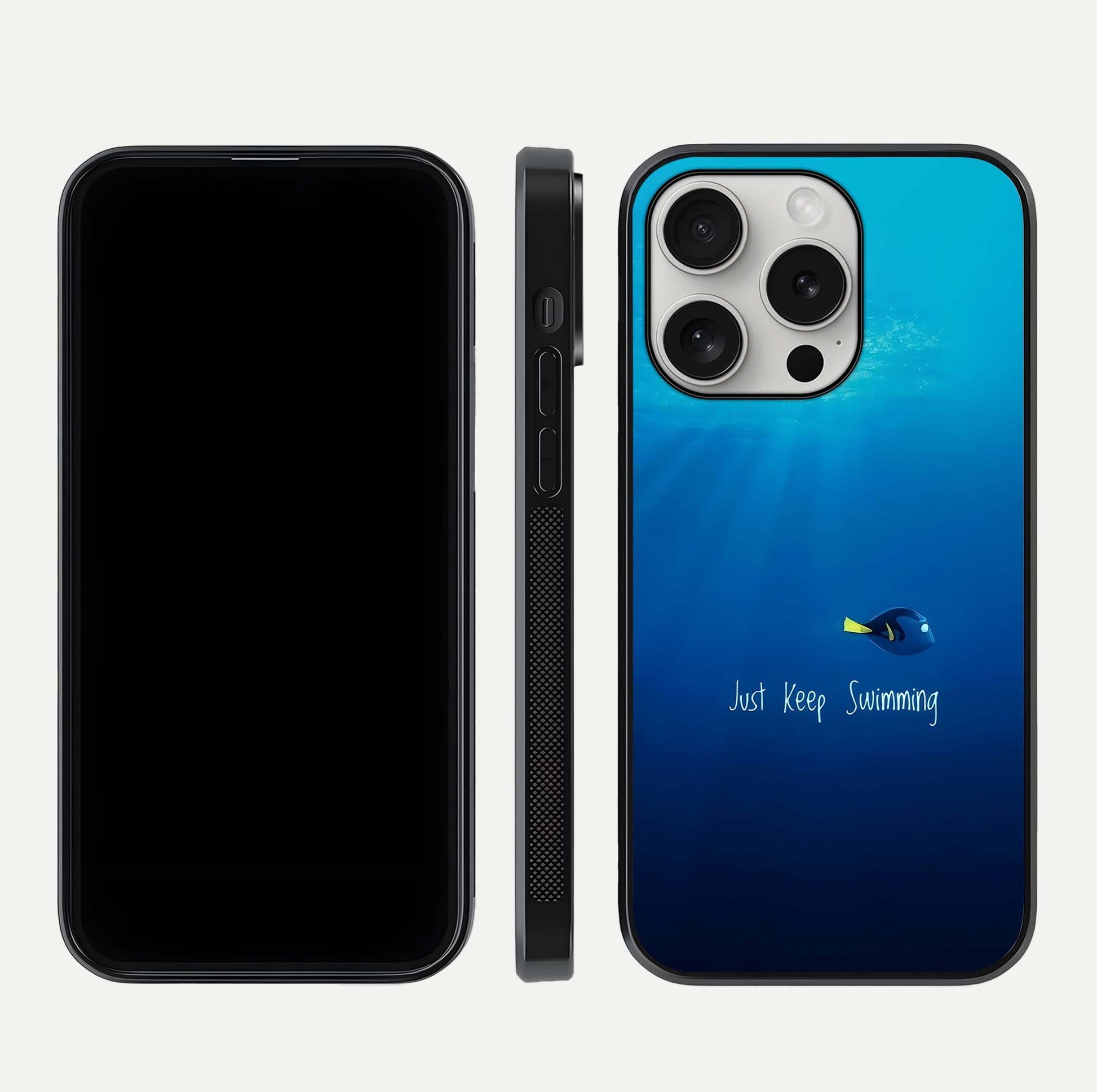 Just Keep Swimming Glass Case for iPhone 16 Pro front and back view layout with smooth glass edges and HD text clarity