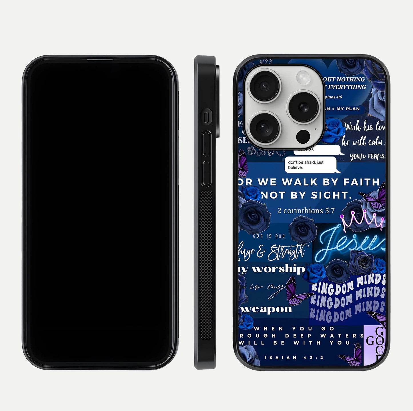 Kingdom Faith Glow Glass Case for iPhone 16 Pro front and back view layout highlighting radiant spiritual design