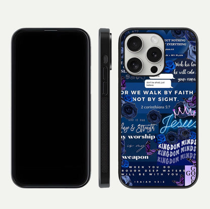 Kingdom Faith Glow Glass Case for iPhone 16 Pro front and back view layout highlighting radiant spiritual design