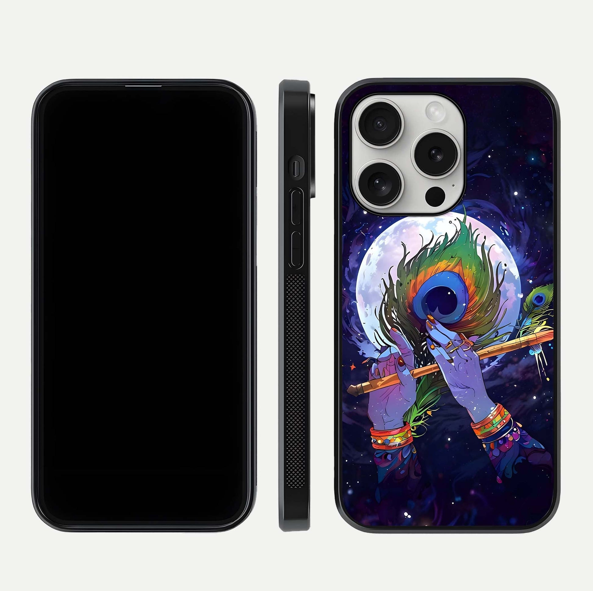 Krishna Hands Art Glass Case for iPhone 16 Pro front and back view layout displaying soft edges and spiritual tones