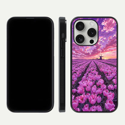 Lavender Dream Skies Glass Case for iPhone 16 Pro front and back view layout highlighting dreamy sky gradient