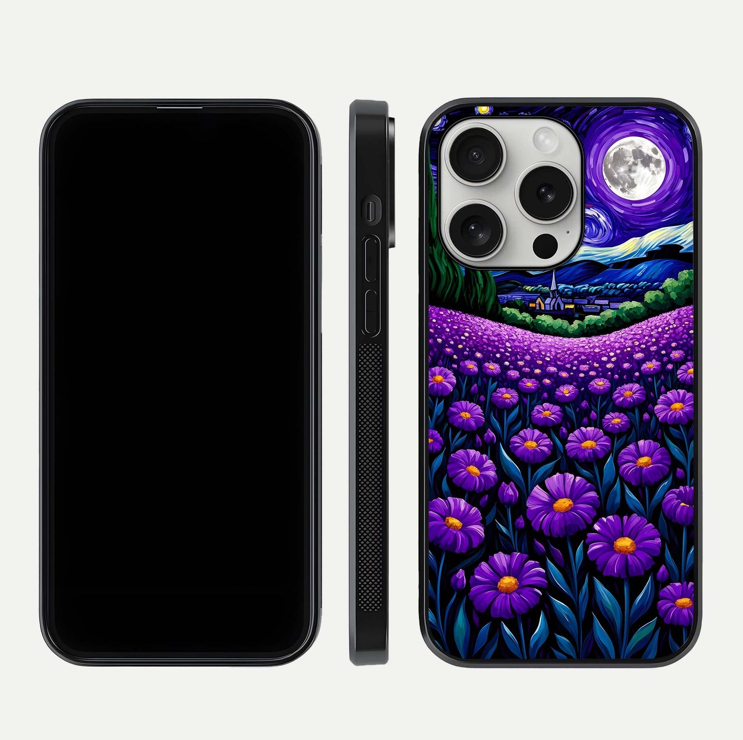 Lavender Moon Field Glass Case for iPhone 16 Pro front and back view layout with soft gradient and curved edges