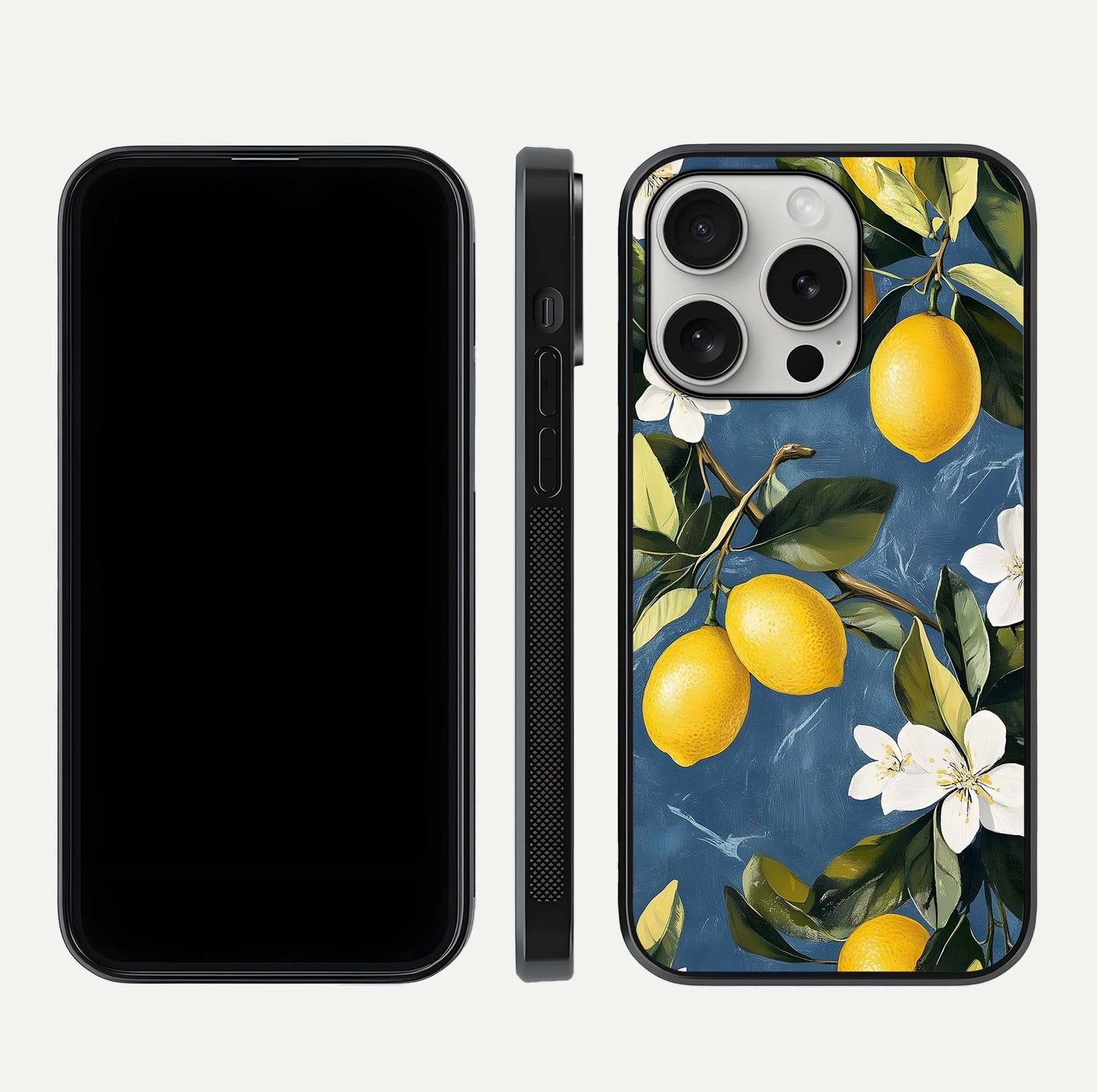 Lemon Dream Garden Glass Case for iPhone 16 Pro front and back view layout highlighting garden tones and edges