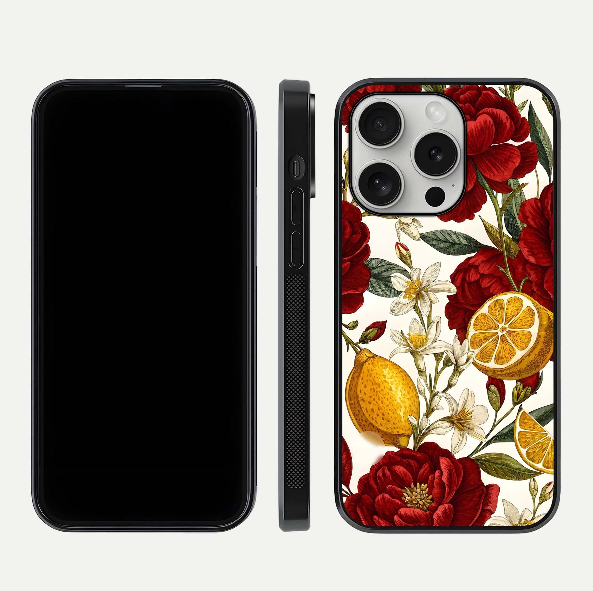 Lemon Rose Charm Glass Case for iPhone 16 Pro front & back layout highlighting soft yellow tones and curved edges