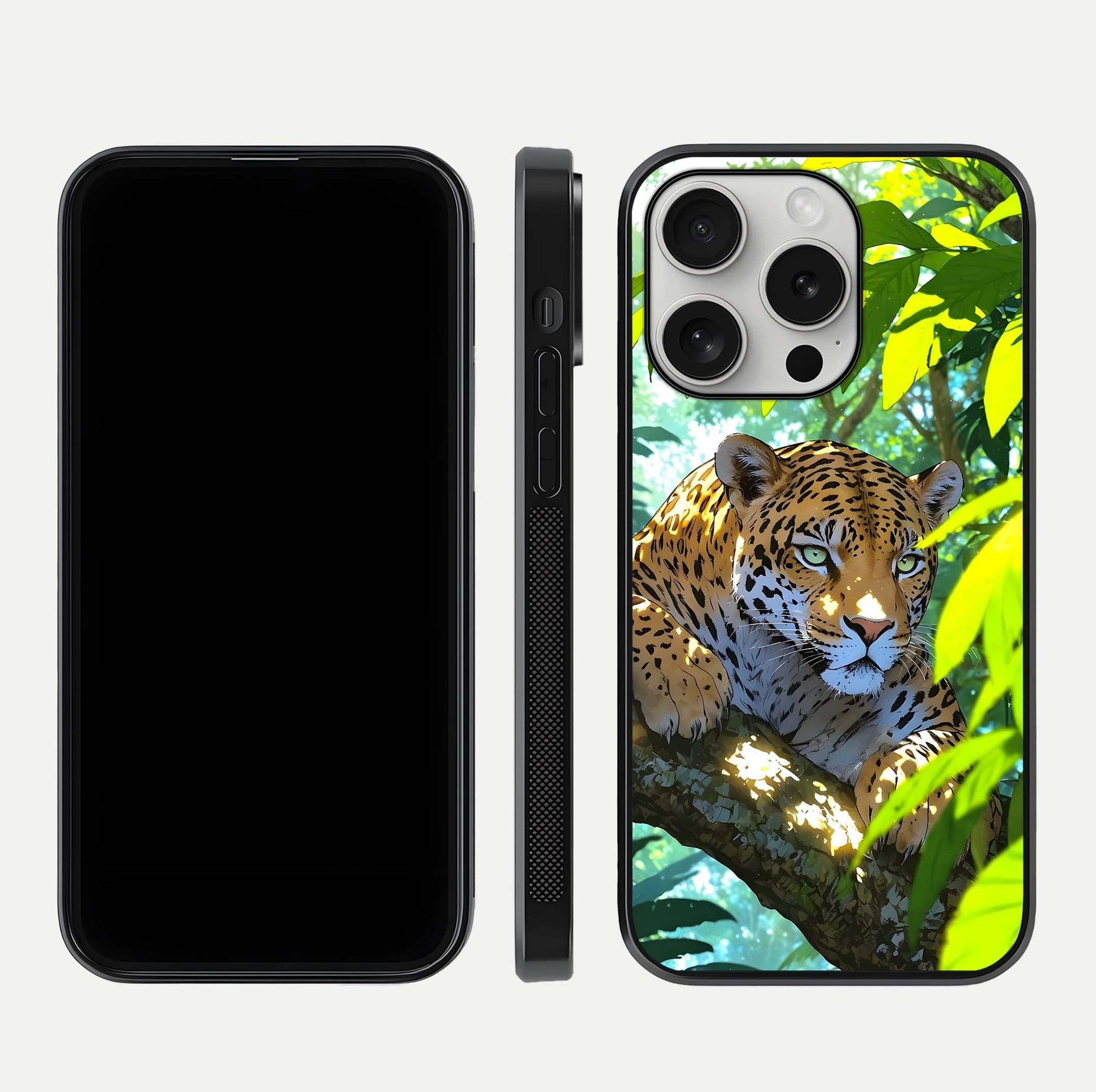 Leopard in Jungle Glass Case for iPhone 16 Pro front & back layout with premium edge detailing and vivid jungle art