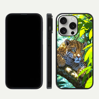 Leopard in Jungle Glass Case for iPhone 16 Pro front & back layout with premium edge detailing and vivid jungle art