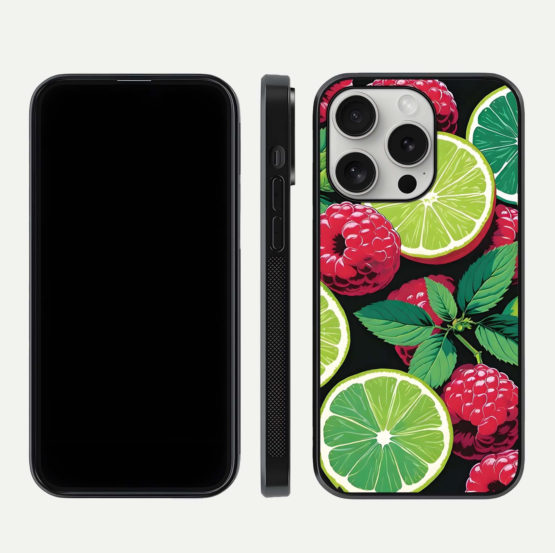 Lime and Raspberry Pattern Glass Case for iPhone 16 Pro front & back layout highlighting fresh summer tones