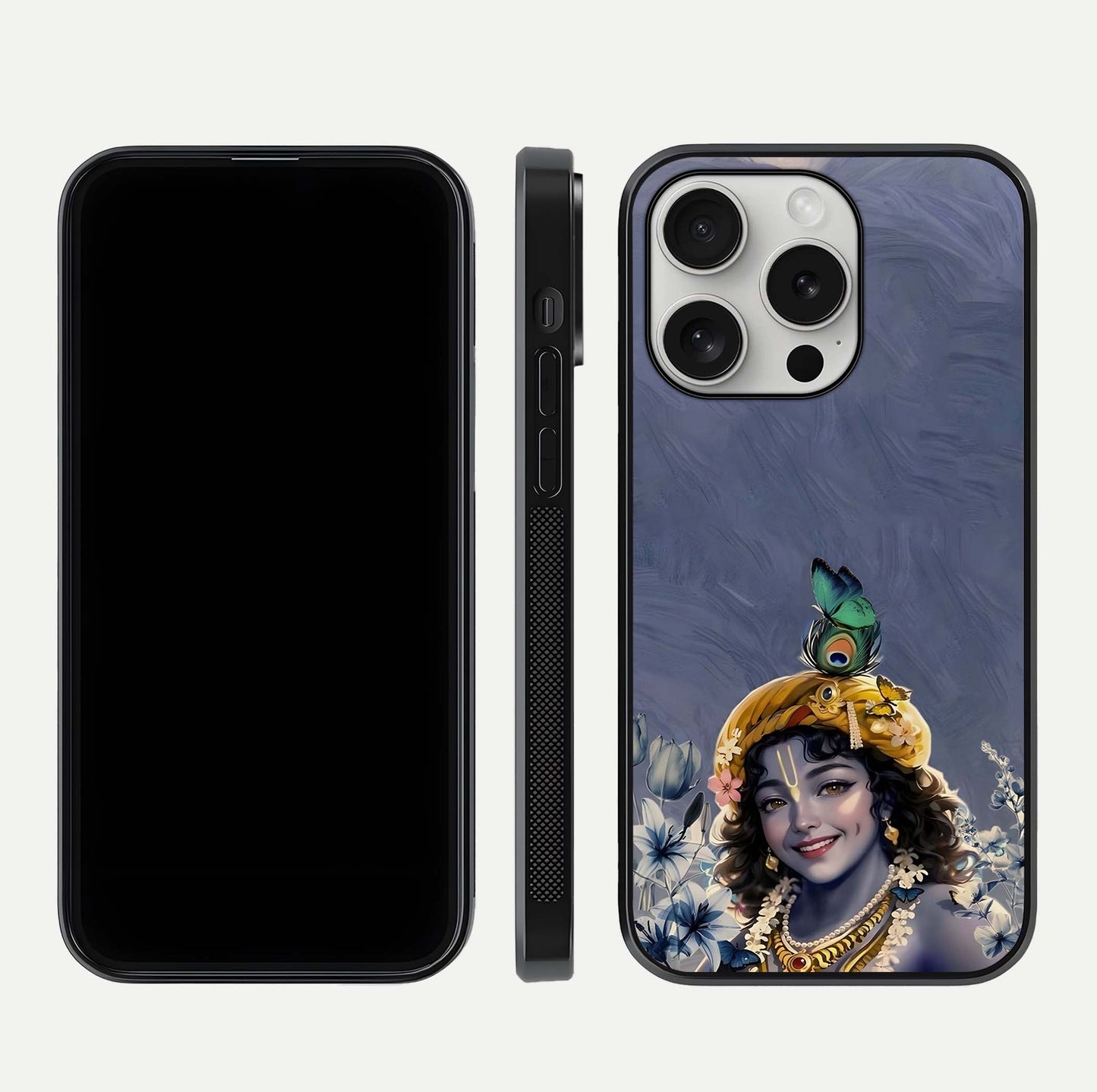 Lord Krishna Glass Case for iPhone 16 Pro front & back layout displaying soft tones and elegant edges