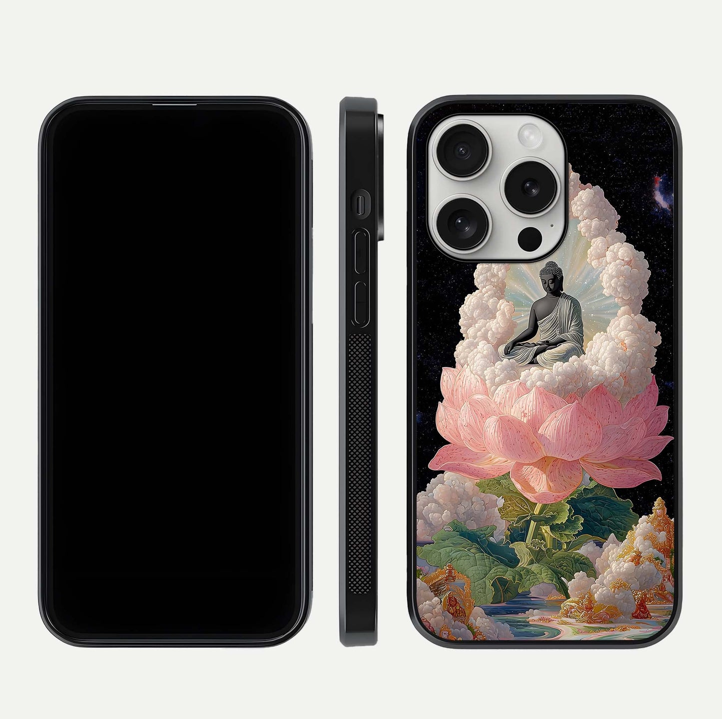 Lotus Divine Peace Glass Case for iPhone 16 Pro front & back layout highlighting soft pink hues and curved edges