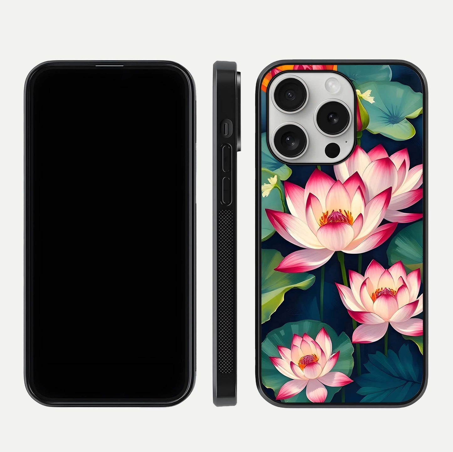 Lotus Dream Serenity Glass Case for iPhone 16 Pro front & back layout with elegant finish and edge curve