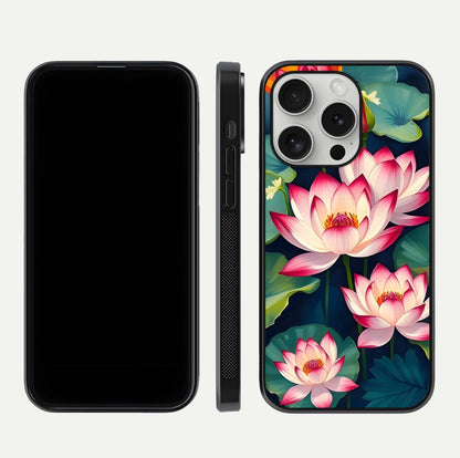 Lotus Dream Serenity Glass Case for iPhone 16 Pro front & back layout with elegant finish and edge curve