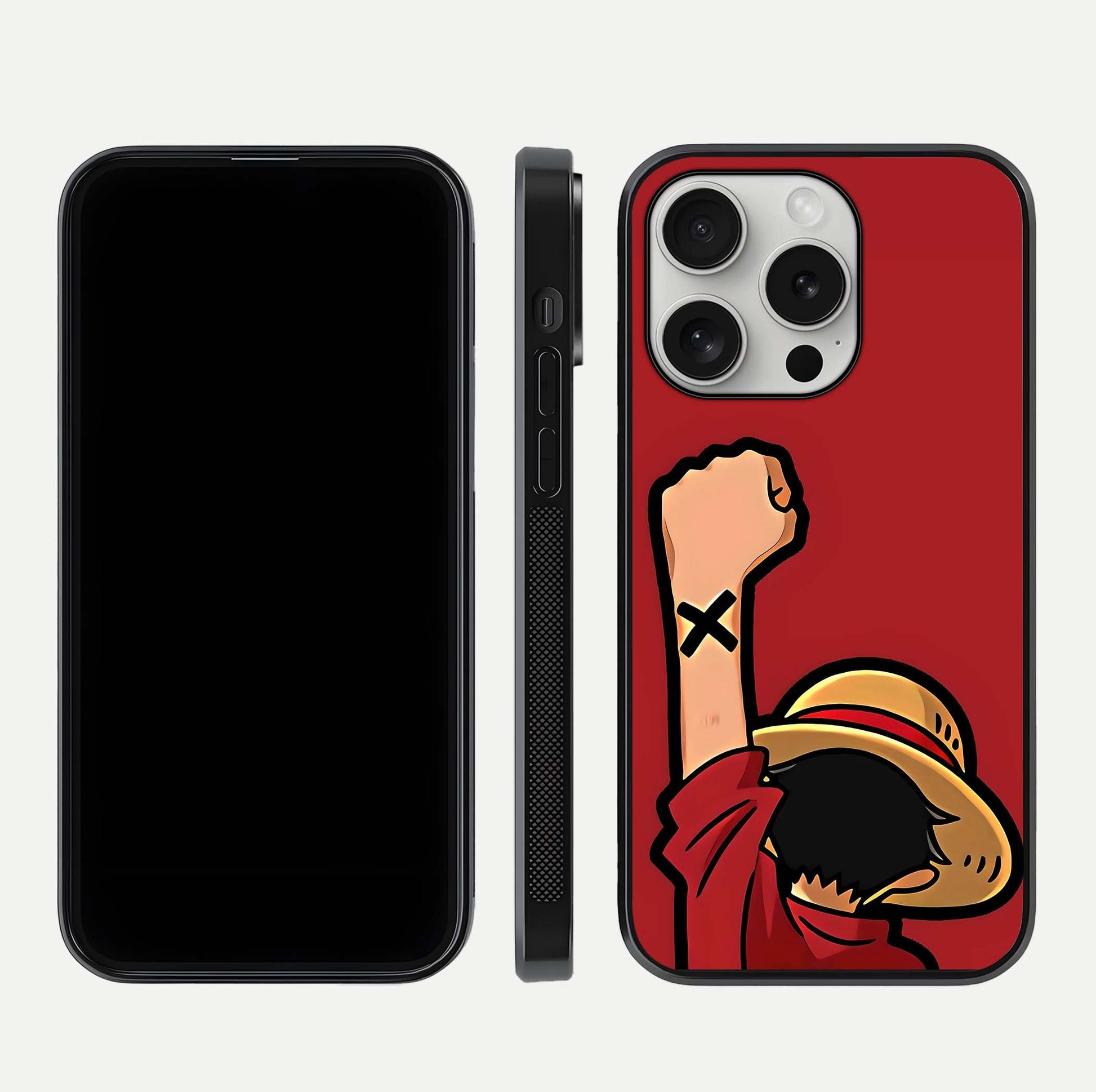 Luffy X Spirit Glass Case for iPhone 16 Pro front & back layout displaying anime theme and curved edges