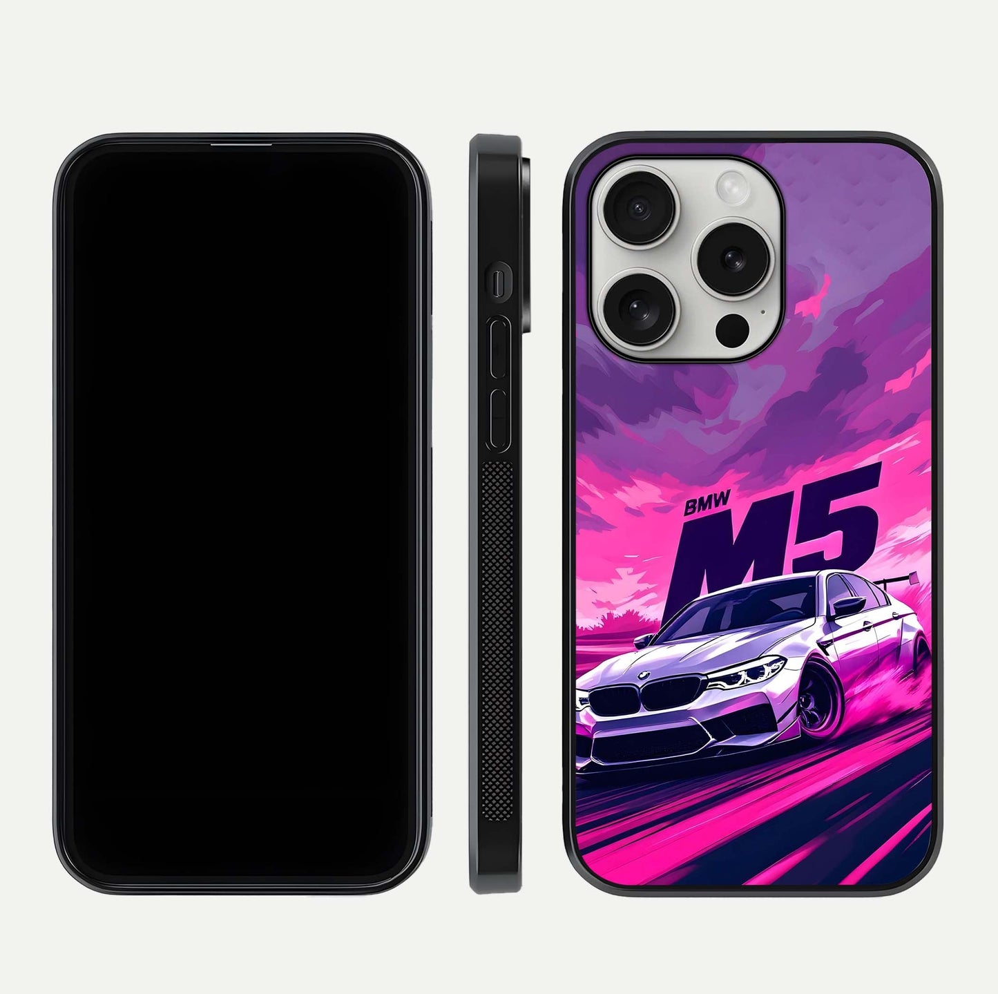 MS Neon Car Glass Case for iPhone 16 Pro front & back layout highlighting automotive art and curved design