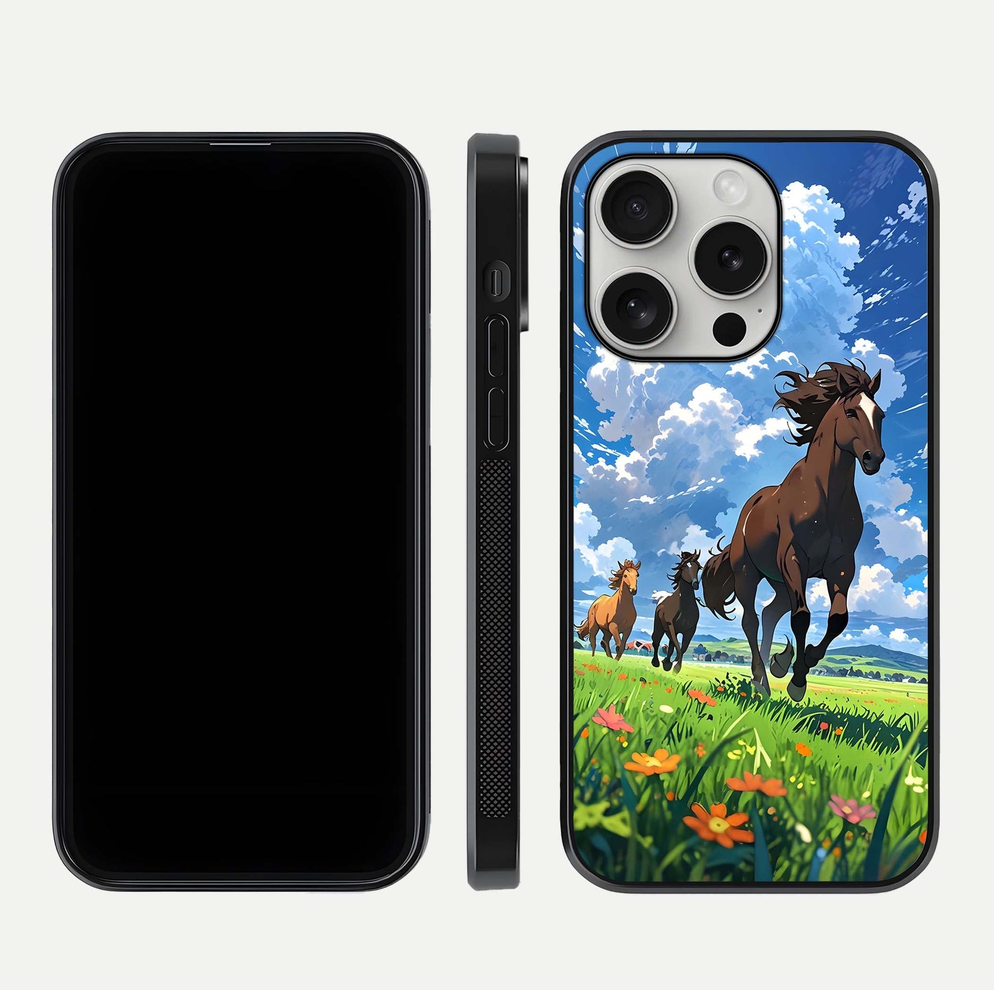 Majestic Horses Galloping Glass Case for iPhone 16 Pro front & back layout highlighting dynamic design and edges