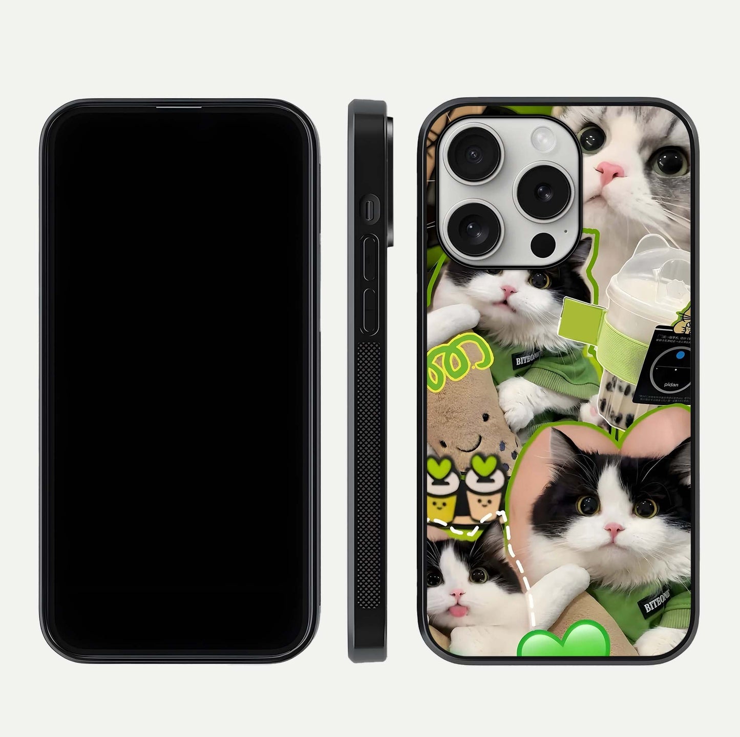 Matcha Cats Mood Glass Case for iPhone 16 Pro front & back layout highlighting cute theme and smooth edges