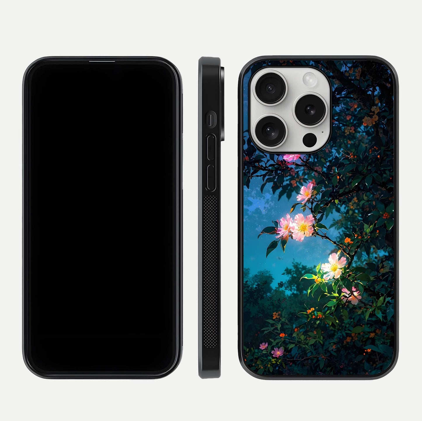 Midnight Bloom Glow Glass Case for iPhone 16 Pro front & back layout highlighting moody tones and smooth finish