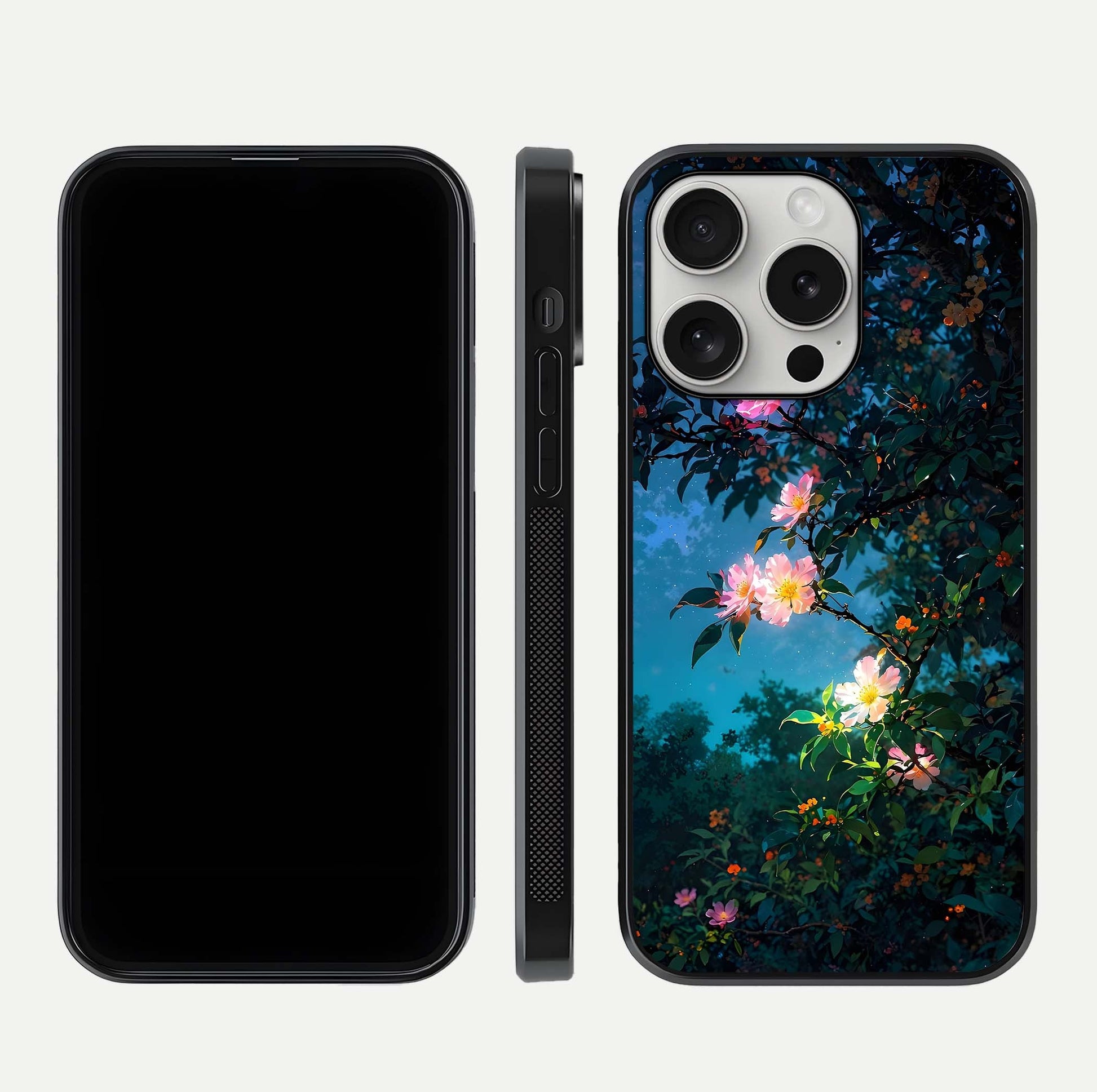 Midnight Bloom Glow Glass Case for iPhone 16 Pro front & back layout highlighting moody tones and smooth finish