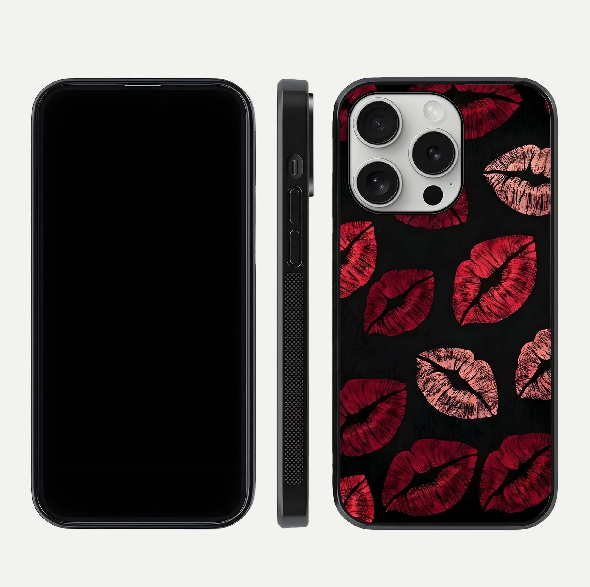 Midnight Kiss Love Glass Case for iPhone 16 Pro front & back view layout showing romantic theme and smooth curves