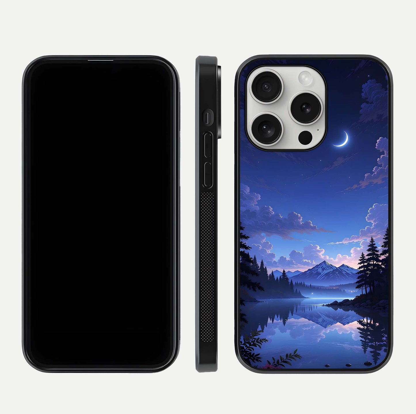 Midnight Lake Peace Glass Case for iPhone 16 Pro front & back layout highlighting calm design and curved edges