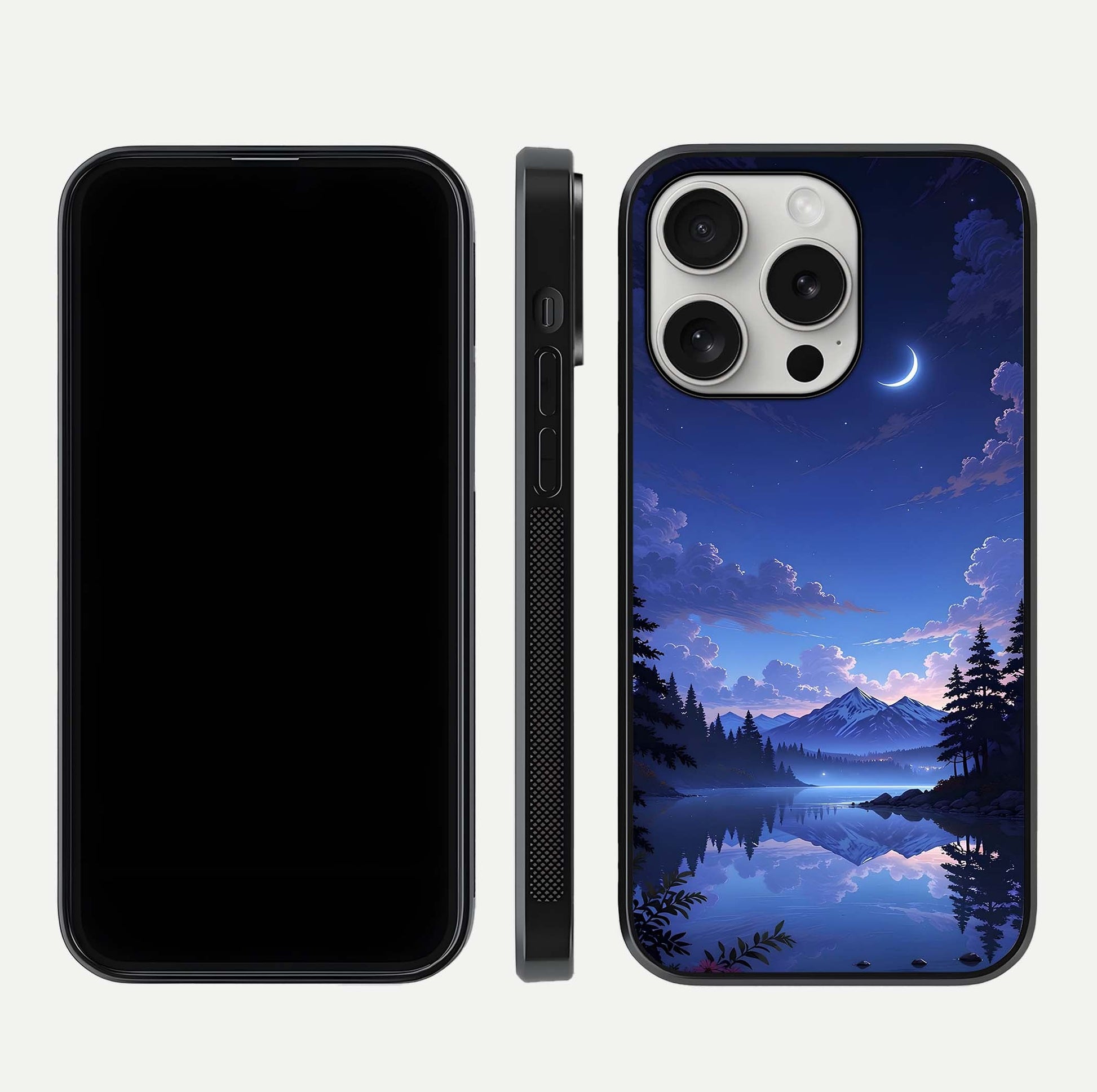 Midnight Lake Peace Glass Case for iPhone 16 Pro front & back layout highlighting calm design and curved edges