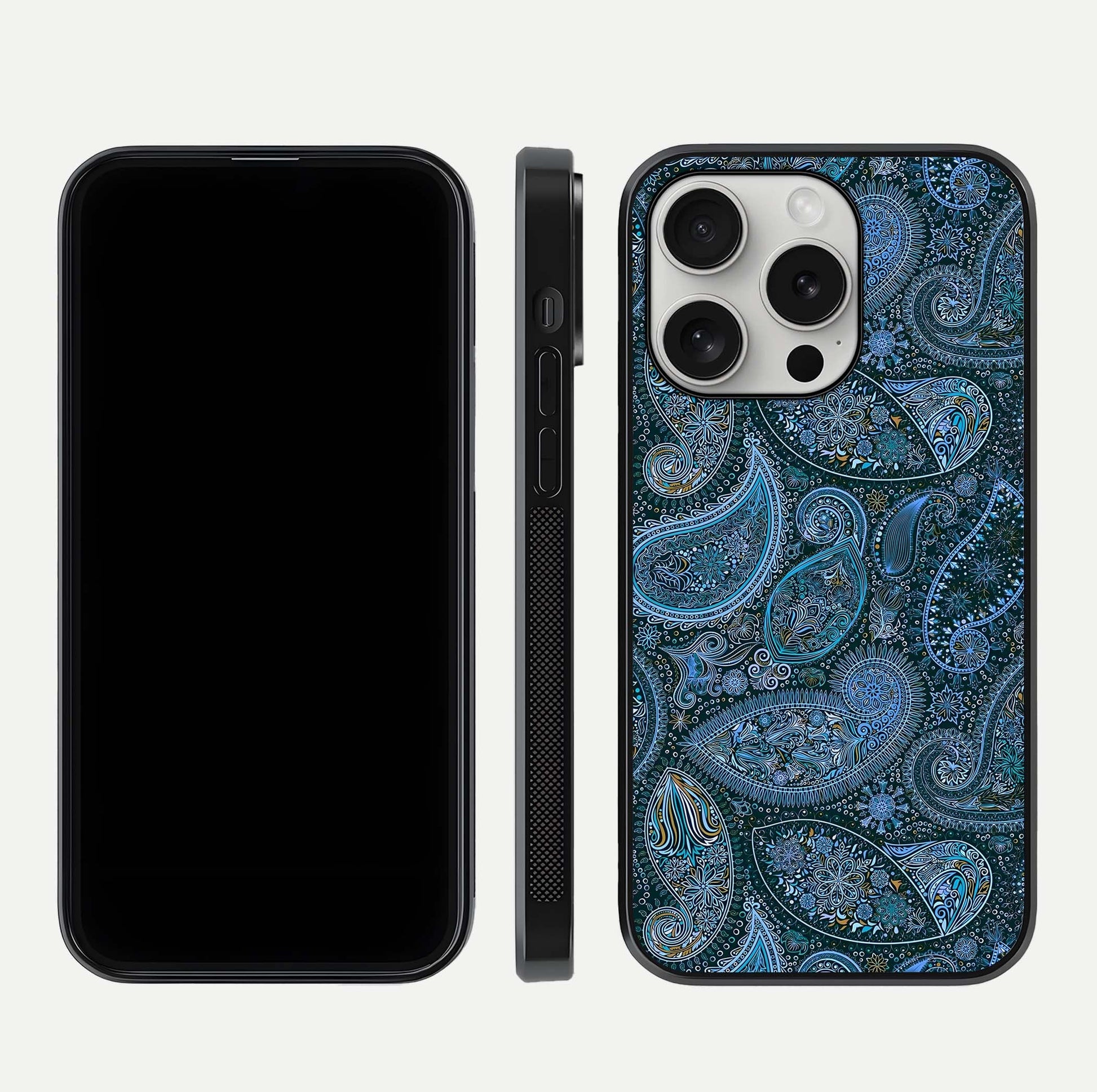 Midnight Paisley Glow Glass Case for iPhone 16 Pro front & back layout highlighting elegant edge finish