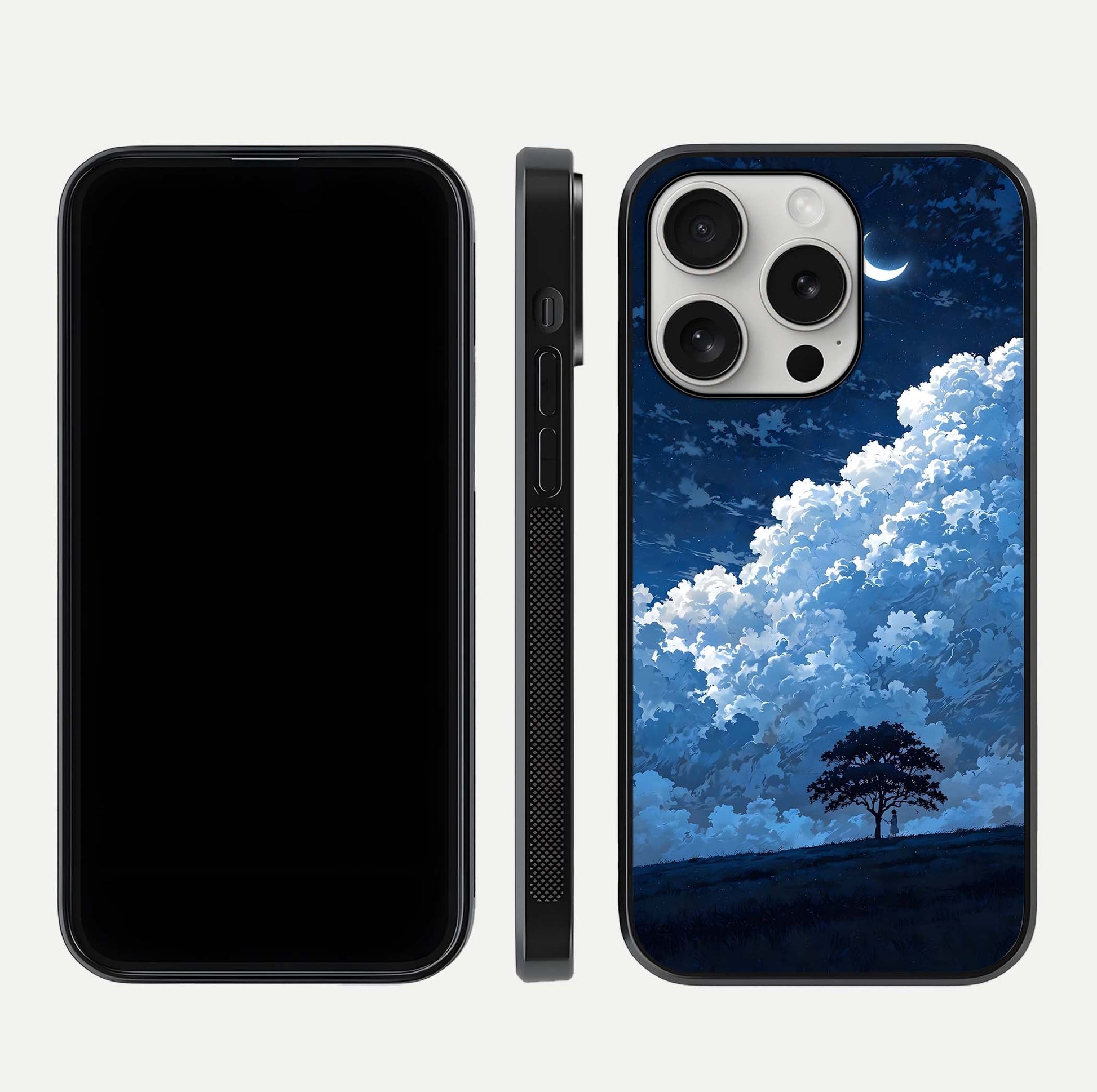 Midnight Sky Serenity Glass Case for iPhone 16 Pro front & back layout highlighting celestial art and curves