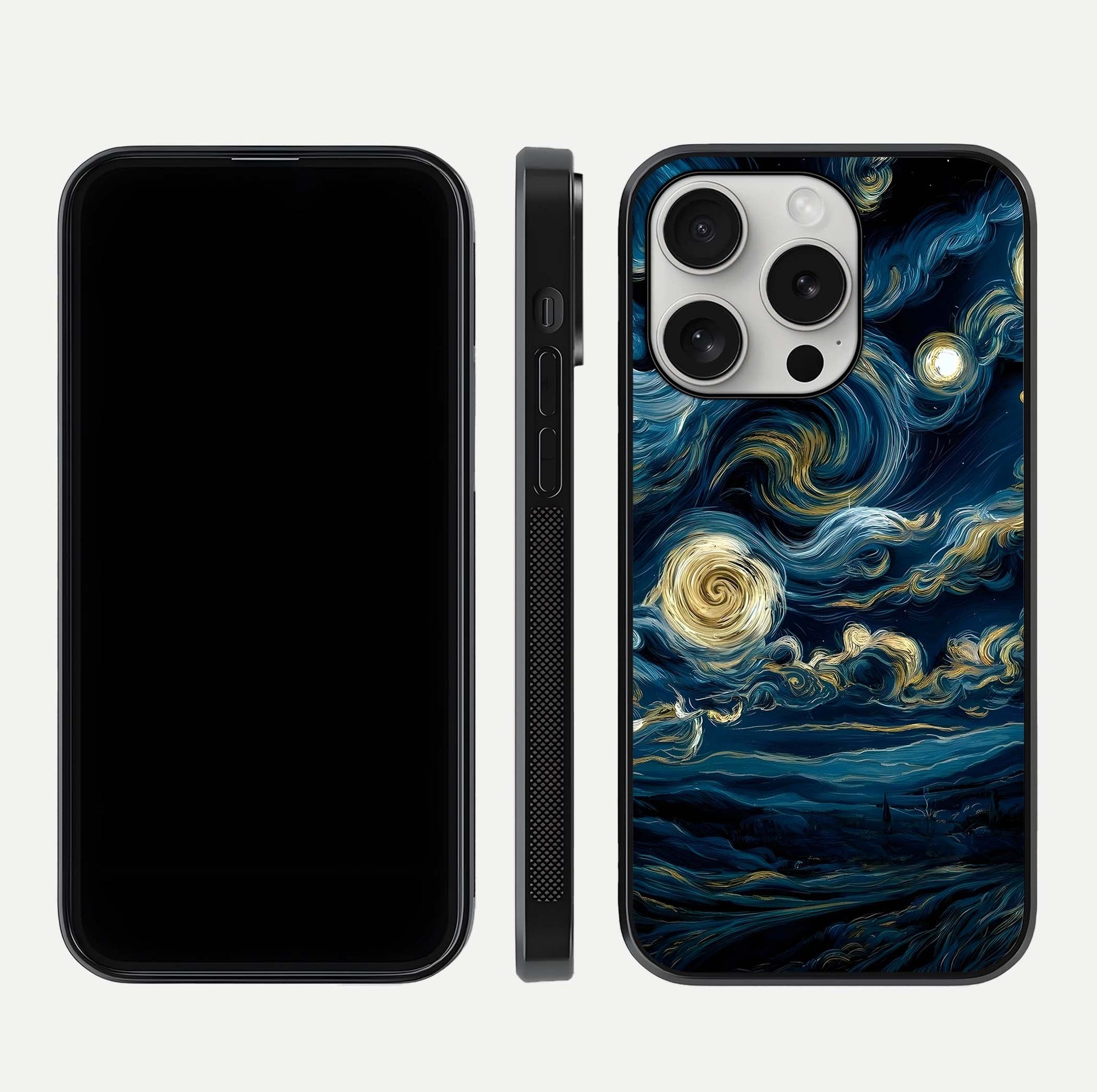 Midnight Sky Whirl Glass Case for iPhone 16 Pro front & back layout highlighting celestial movement art