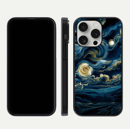 Midnight Sky Whirl Glass Case for iPhone 16 Pro front & back layout highlighting celestial movement art