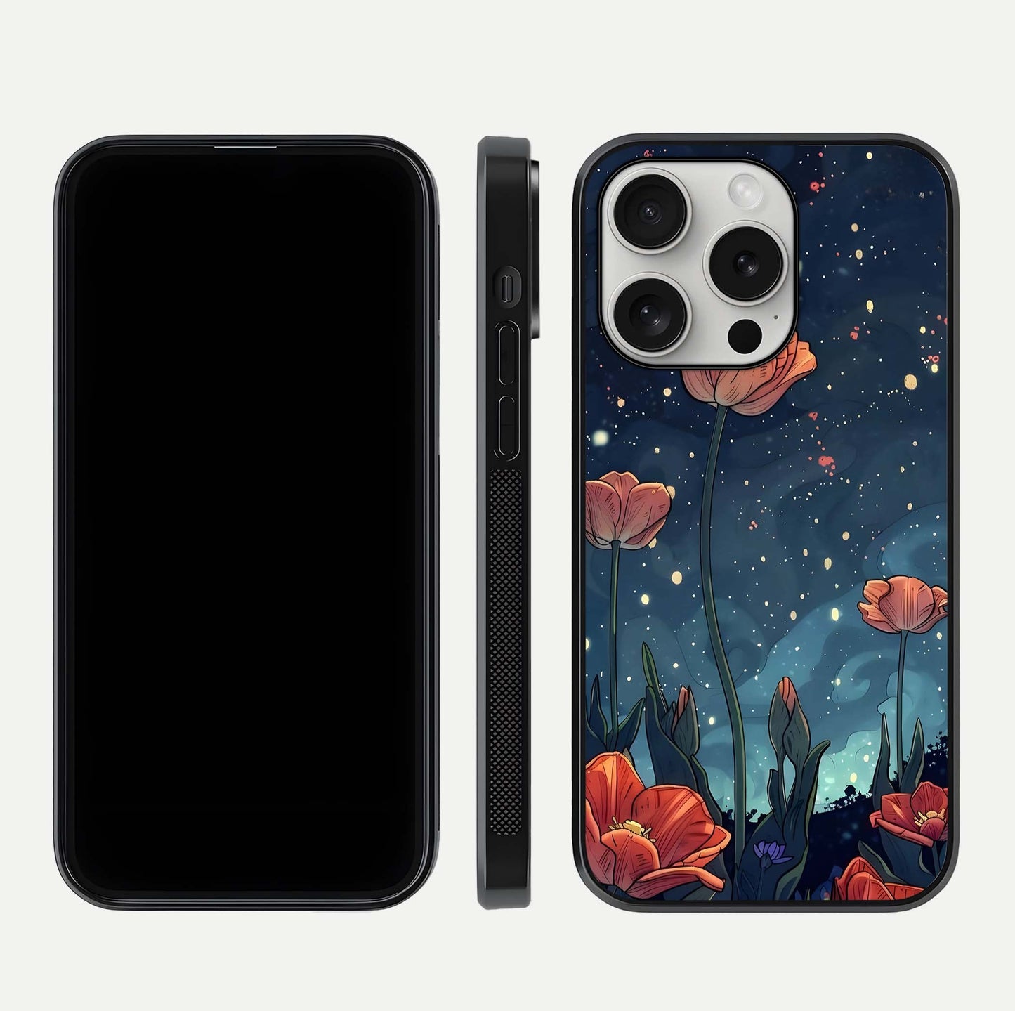 Midnight Tulip Glow Glass Case for iPhone 16 Pro front & back layout highlighting floral glow and curved edges