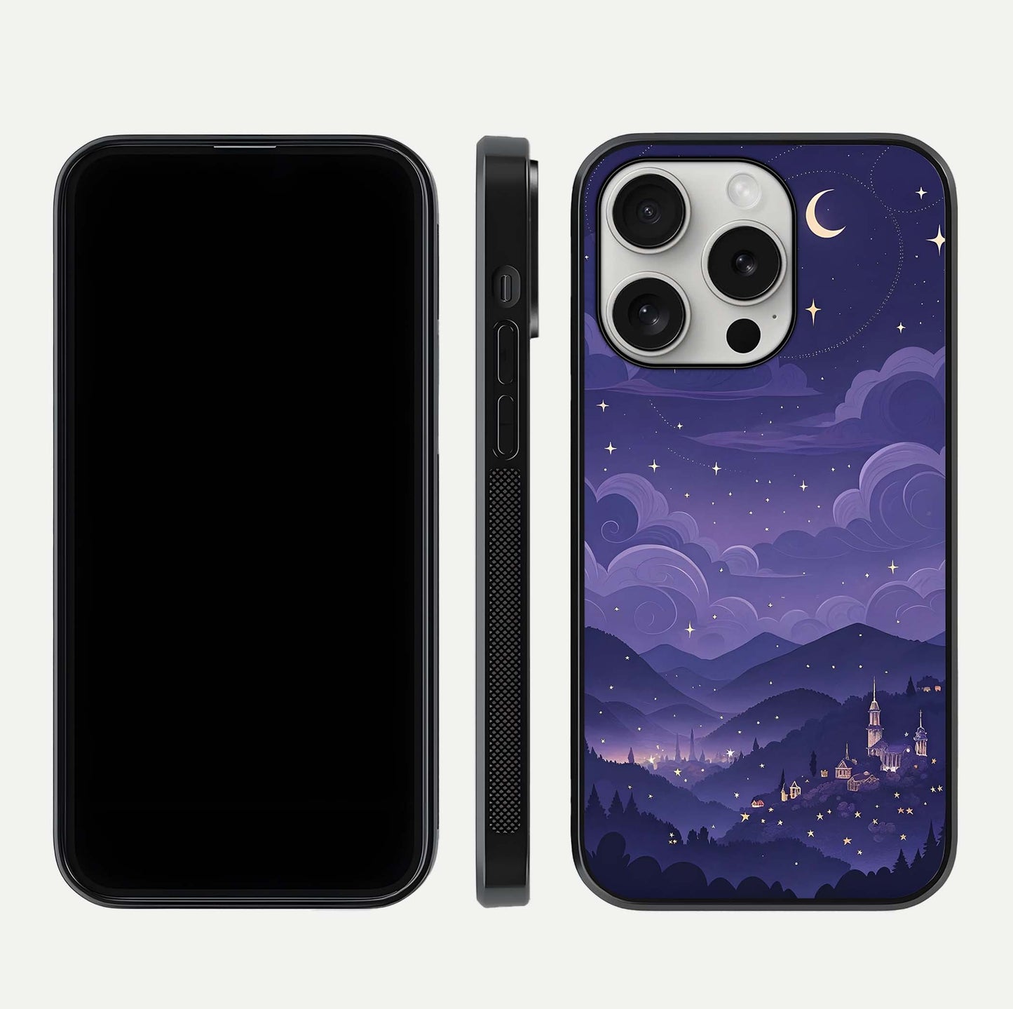 Minimal Night View Glass Case for iPhone 16 Pro front & back layout highlighting minimal night vibe and curves