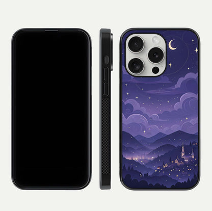 Minimal Night View Glass Case for iPhone 16 Pro front & back layout highlighting minimal night vibe and curves
