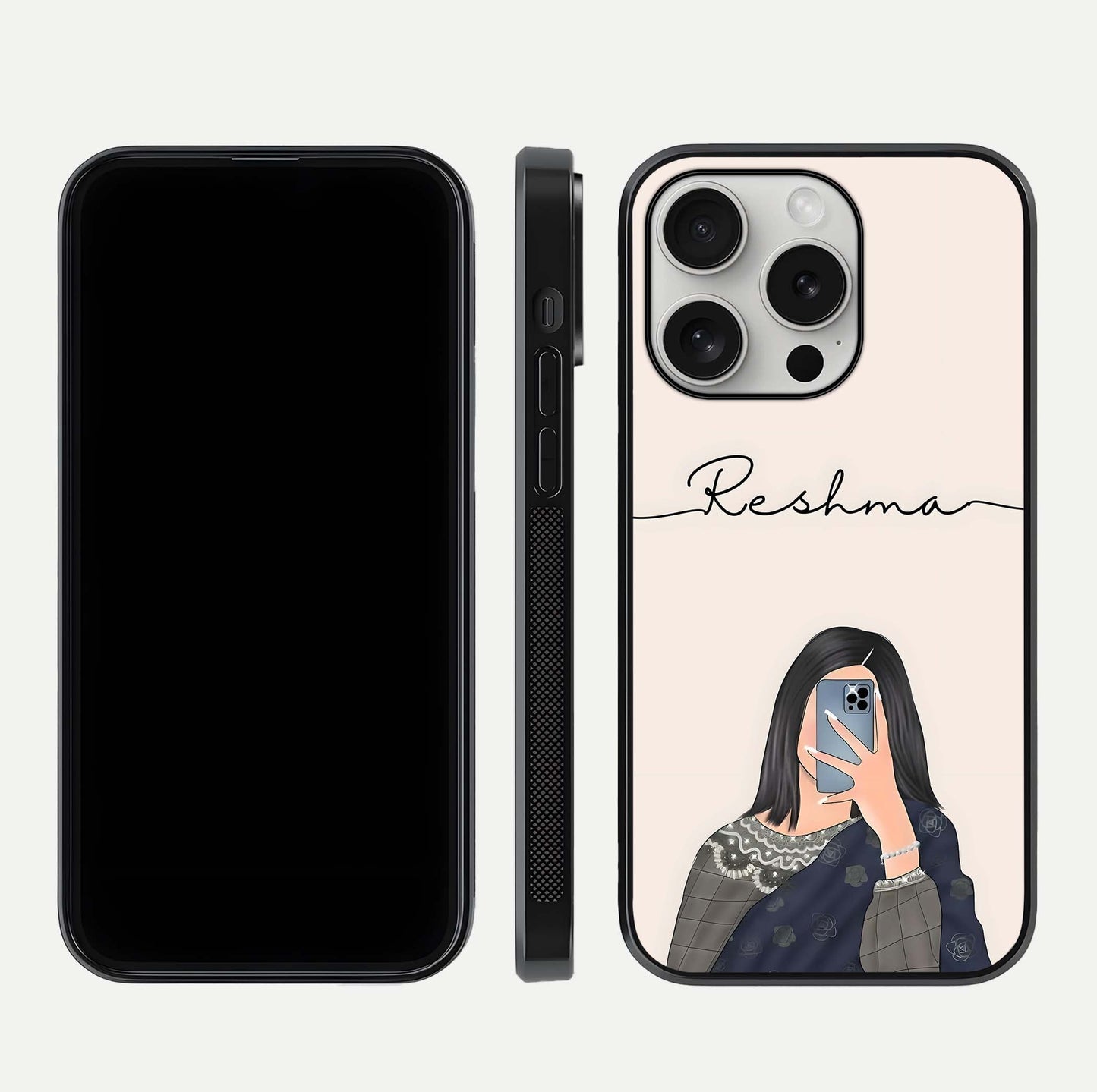 Mirror Mood Muse Custom Name Glass Case for iPhone 16 Pro front & back layout showing personalized name placement