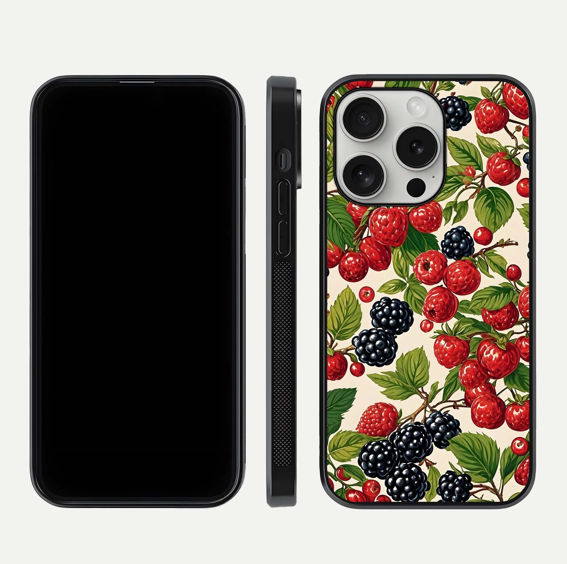 Mixed Berry Collage Glass Case for iPhone 16 Pro front & back layout highlighting colorful art and curved edges