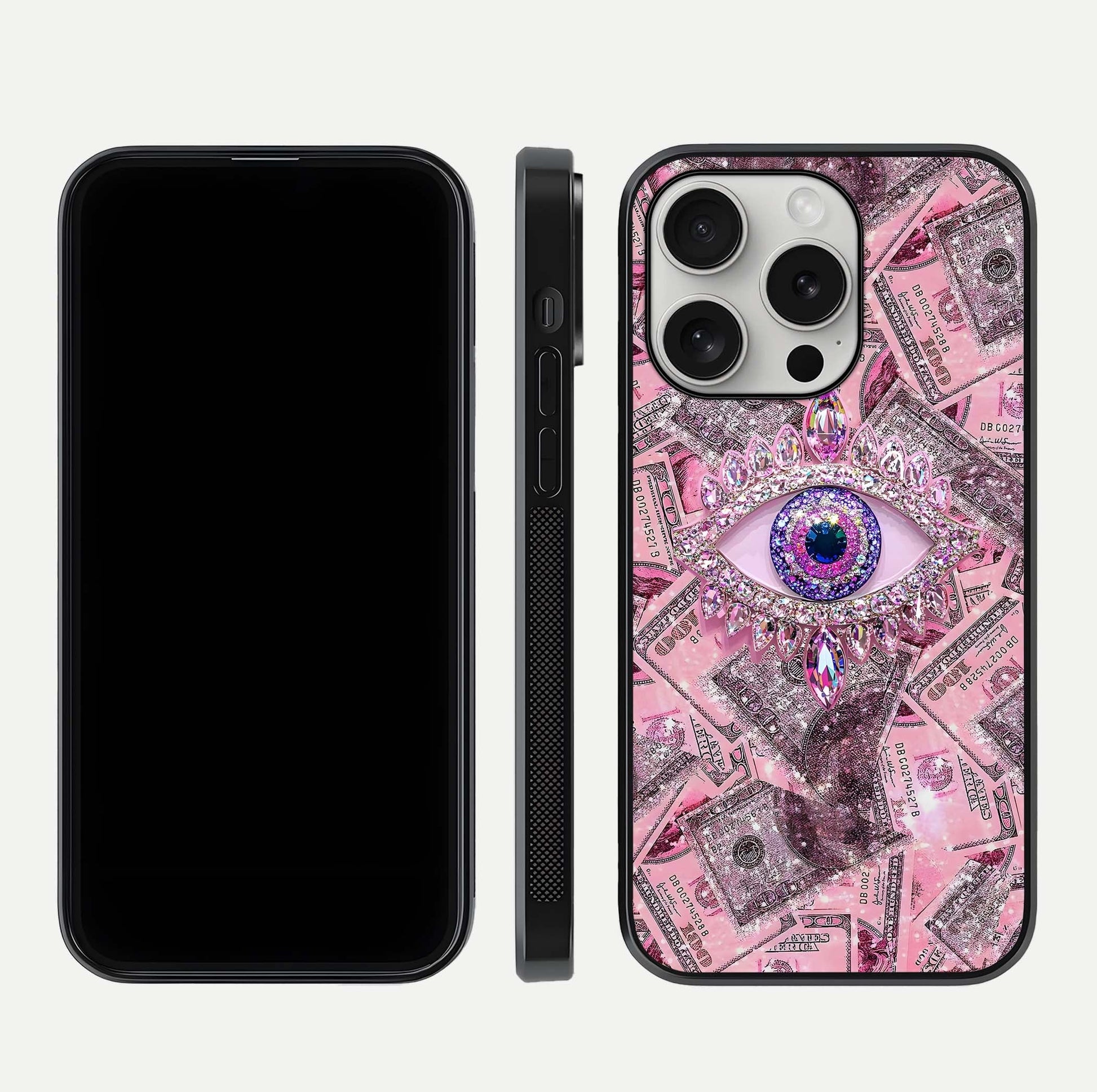 Money Eye Luxe Glass Case for iPhone 16 Pro front & back layout highlighting luxury edge design and bold art