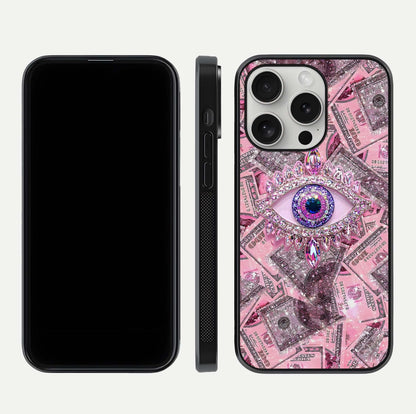 Money Eye Luxe Glass Case for iPhone 16 Pro front & back layout highlighting luxury edge design and bold art